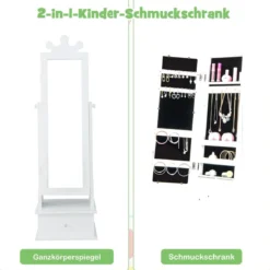 Kinder Schmuckschrank mit Ganzkörperspiegel & 2 Neigungswinkeln & 3 Schubladen Weiß