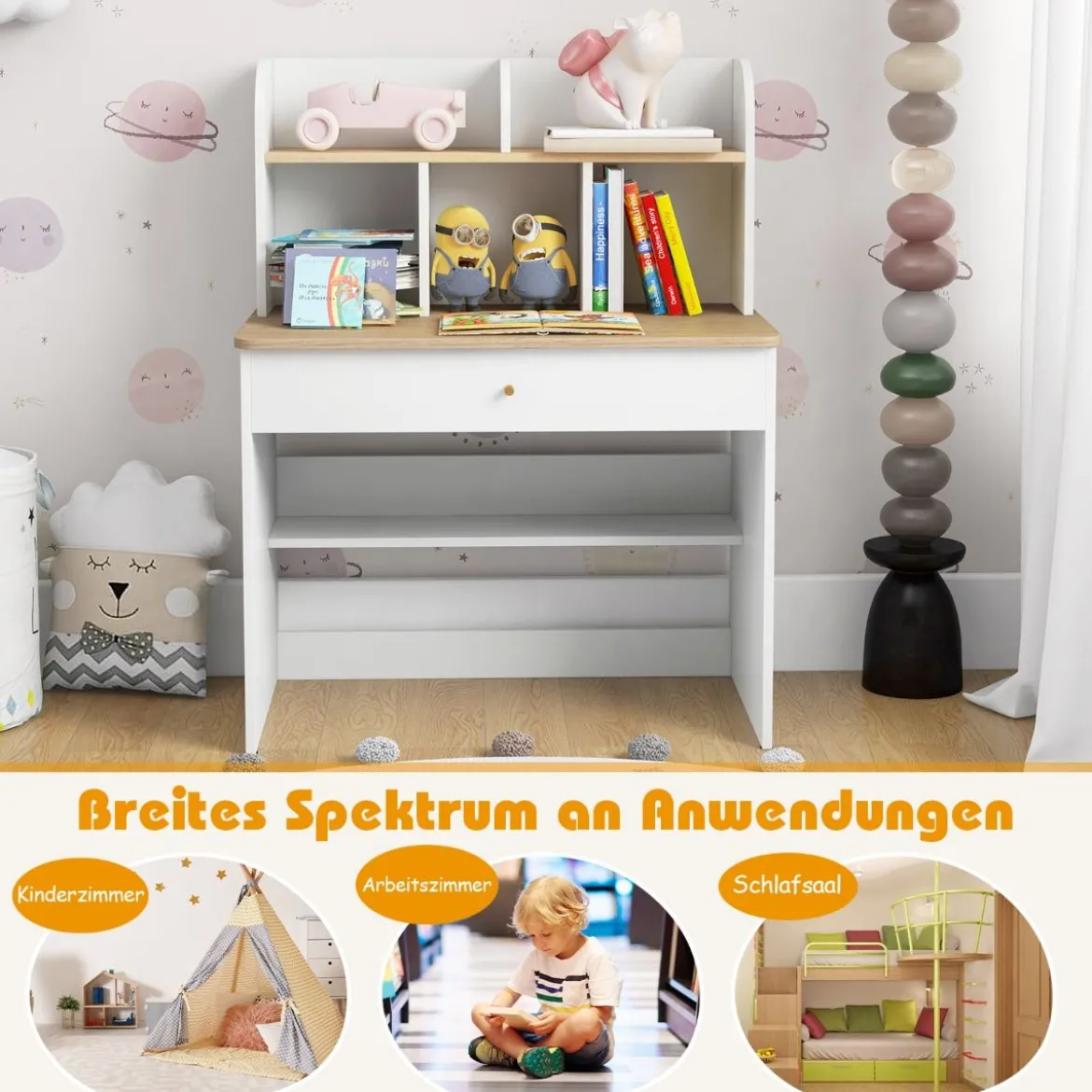 Kinder Schreibtisch aus Holz mit Schublade & Ablagefach Schülerschreibtisch Kindertisch Natur