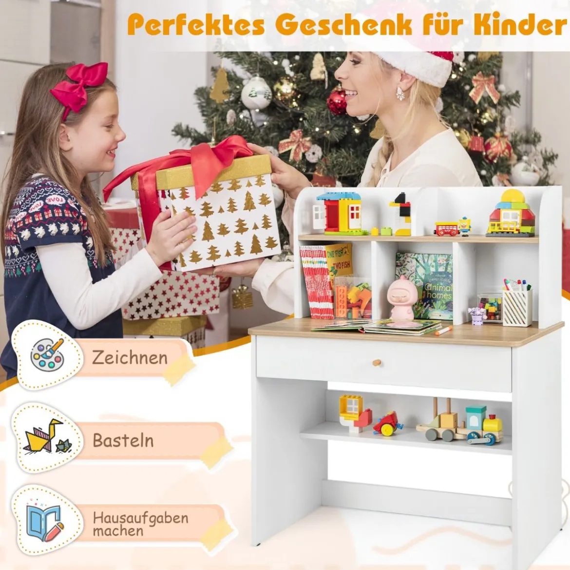 Kinder Schreibtisch aus Holz mit Schublade & Ablagefach Schülerschreibtisch Kindertisch Natur