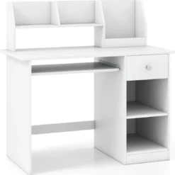 Kinderschreibtisch aus Holz mit Ablage & Bücherregal & Tastaturablage & Schublade Weiß