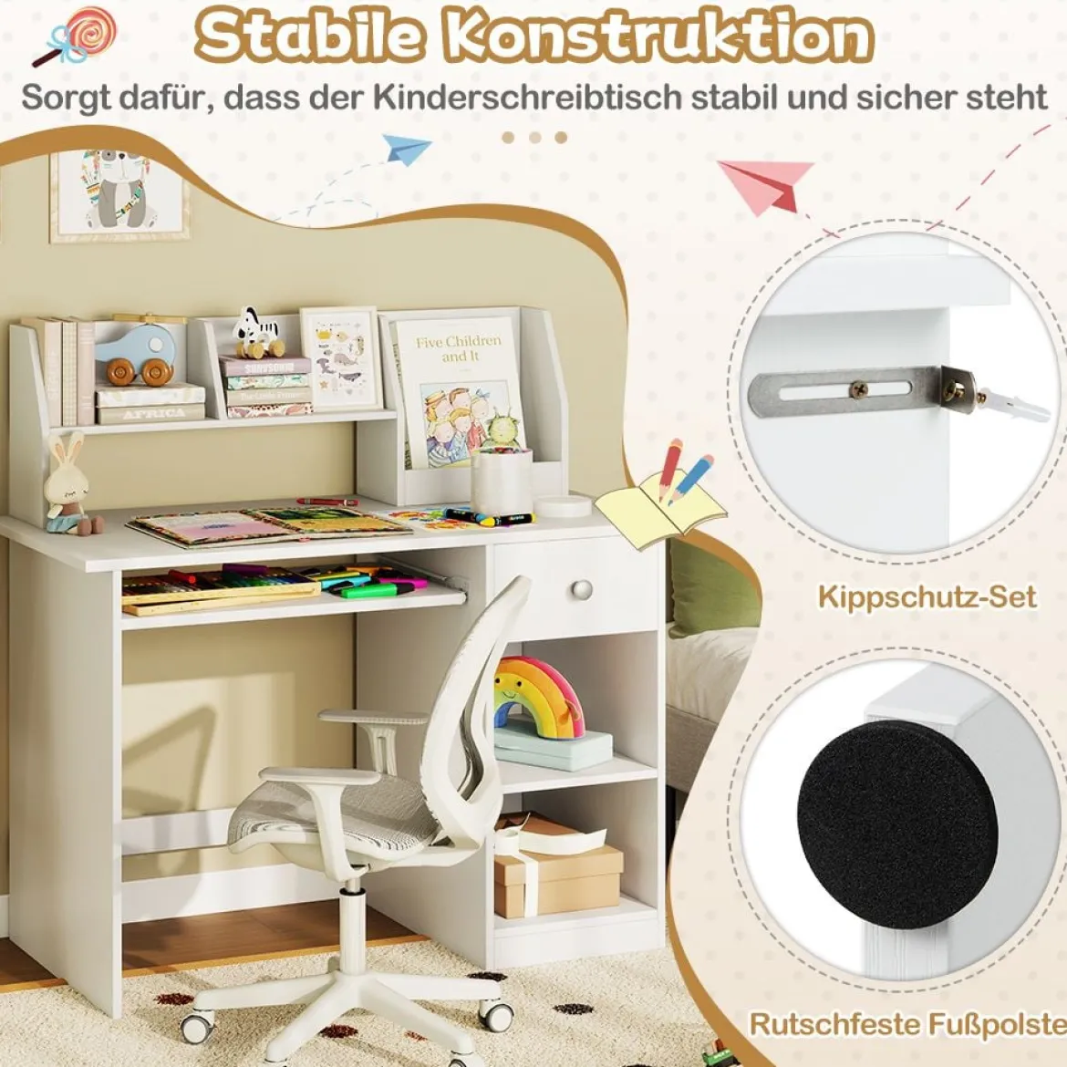 Kinderschreibtisch aus Holz mit Ablage & Bücherregal & Tastaturablage & Schublade Weiß