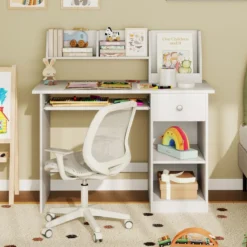 Kinderschreibtisch aus Holz mit Ablage & Bücherregal & Tastaturablage & Schublade Weiß