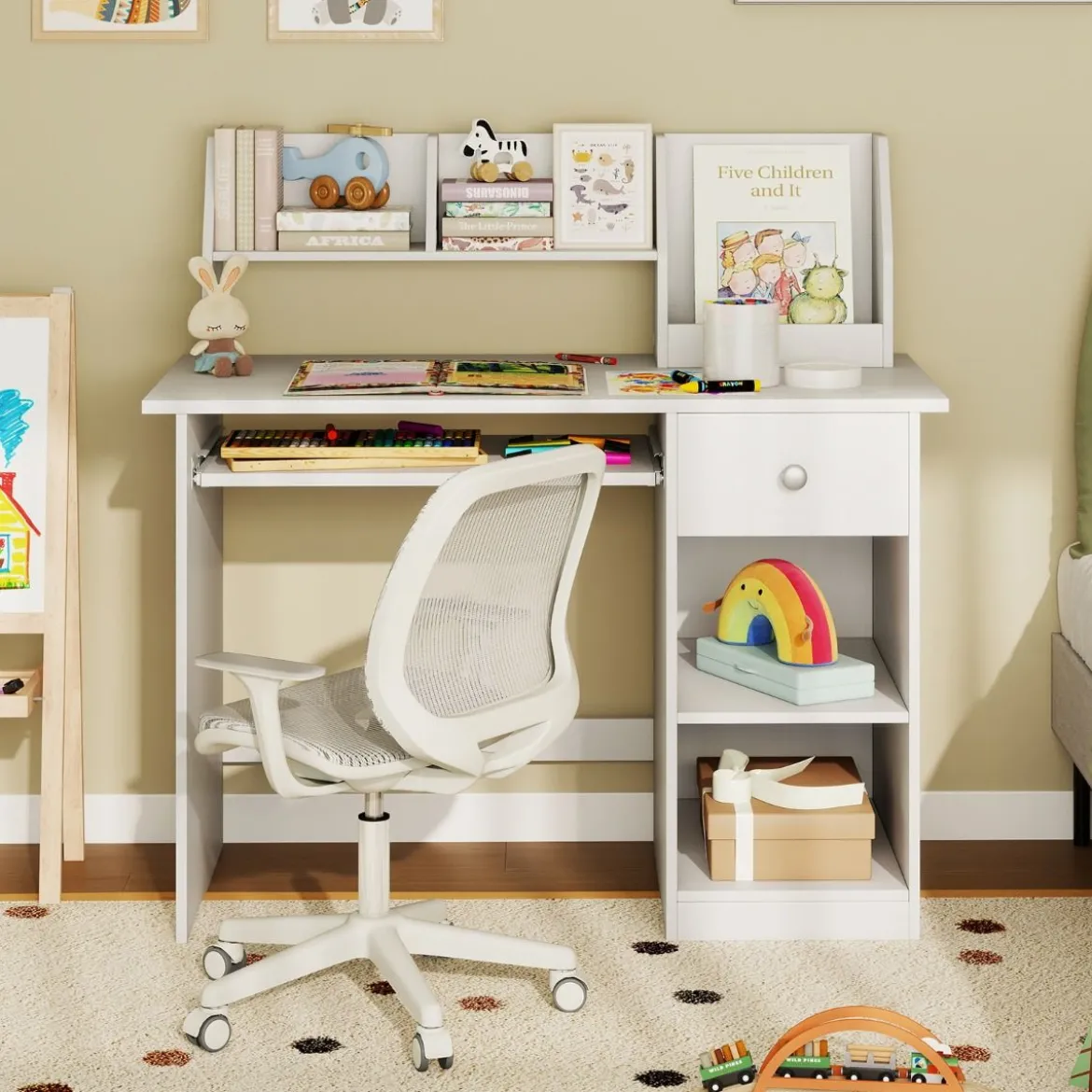 Kinderschreibtisch aus Holz mit Ablage & Bücherregal & Tastaturablage & Schublade Weiß