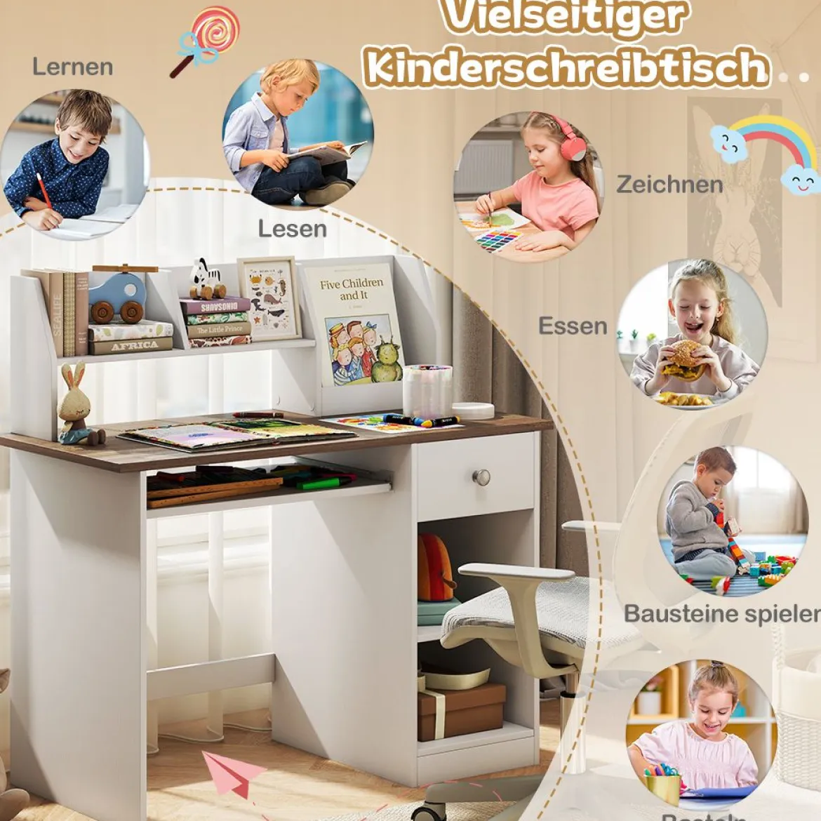 Kinderschreibtisch aus Holz Schülerschreibtisch mit Ablage Kindertisch 100kg belastbar 90 x 45 x 90 cm Natur