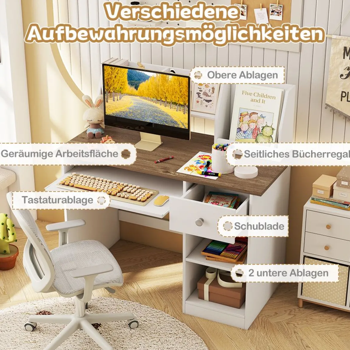 Kinderschreibtisch aus Holz Schülerschreibtisch mit Ablage Kindertisch 100kg belastbar 90 x 45 x 90 cm Natur