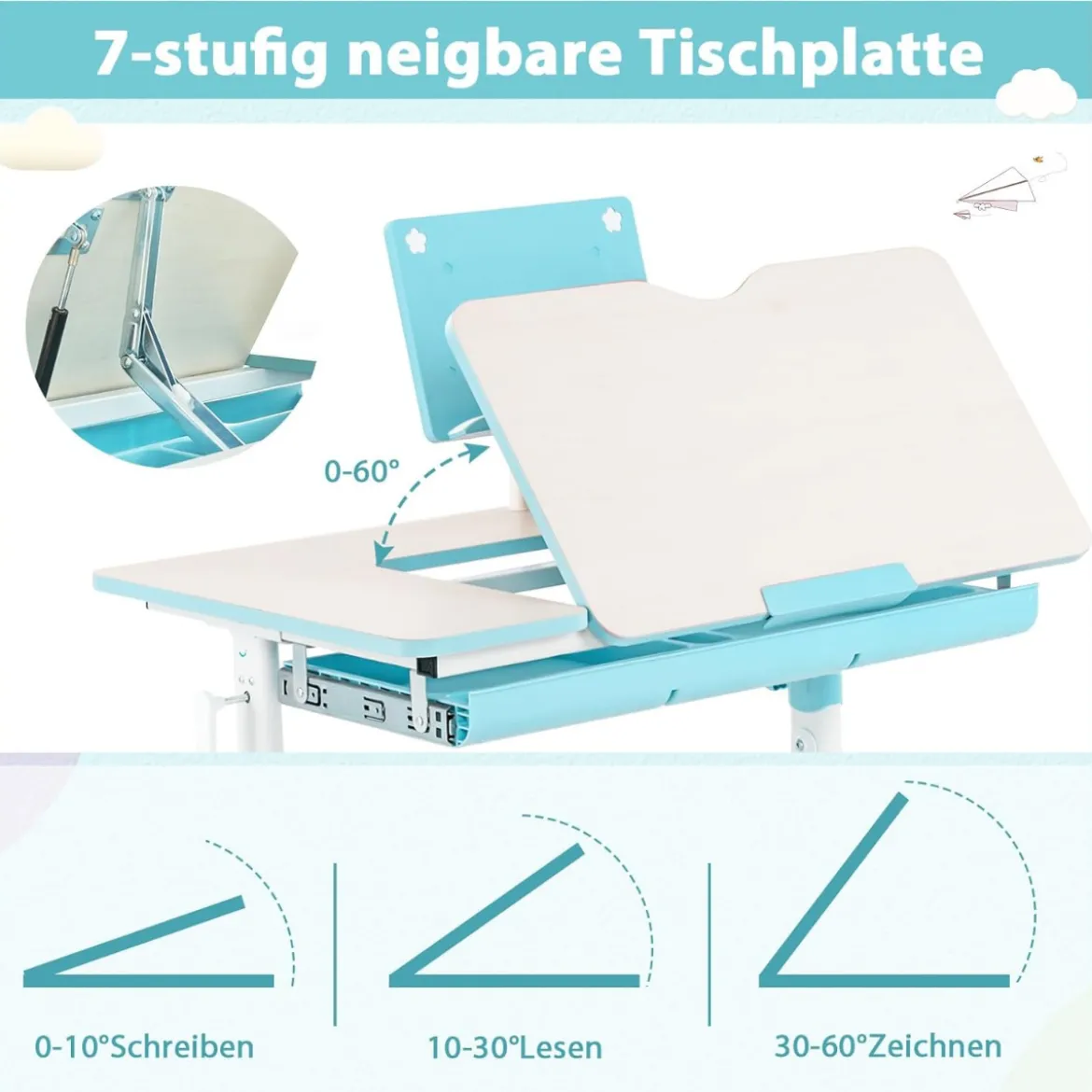 Kinderschreibtisch 51-73cm Höhenverstellbar Schülerschreibtisch mit neigbarer Tischplatte