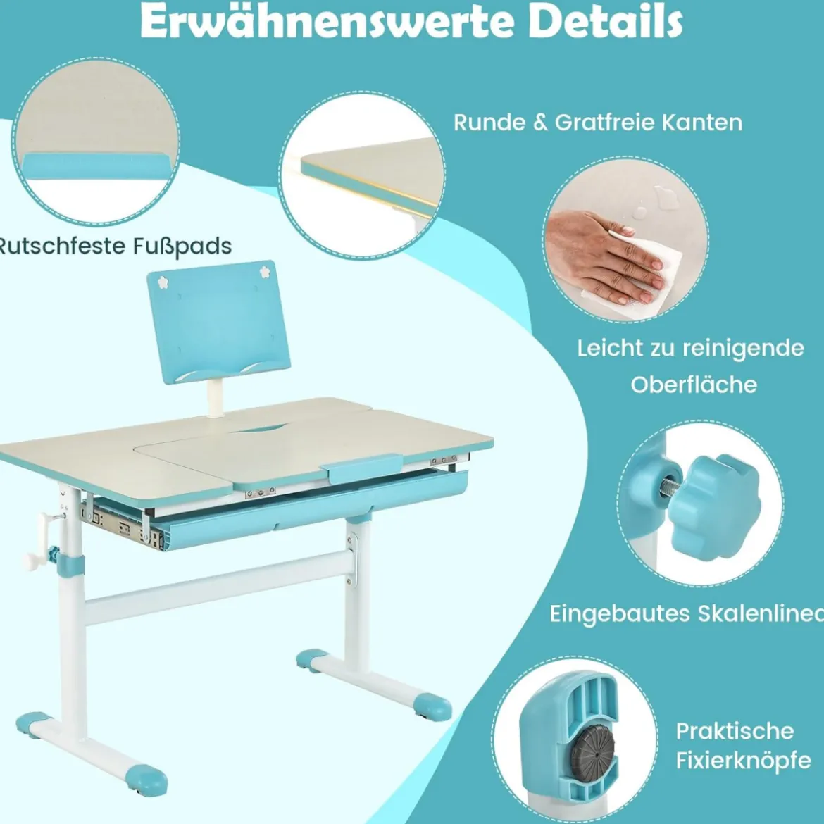 Kinderschreibtisch 51-73cm Höhenverstellbar Schülerschreibtisch mit neigbarer Tischplatte