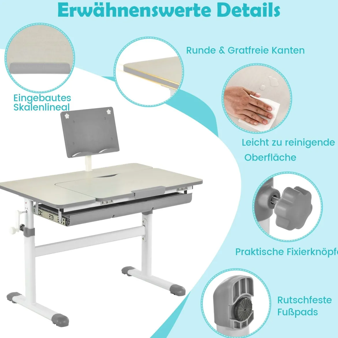 Kinderschreibtisch 51-73cm Höhenverstellbar Schülerschreibtisch mit neigbarer Tischplatte