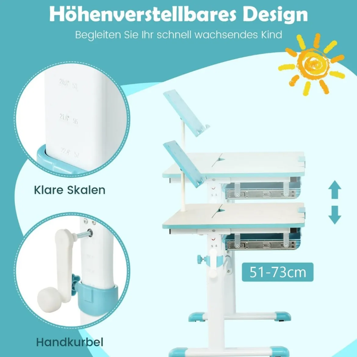 Kinderschreibtisch höhenverstellbar Schülerschreibtisch mit Kinder Schreibtischstuhl für 3-10 J. Kinder