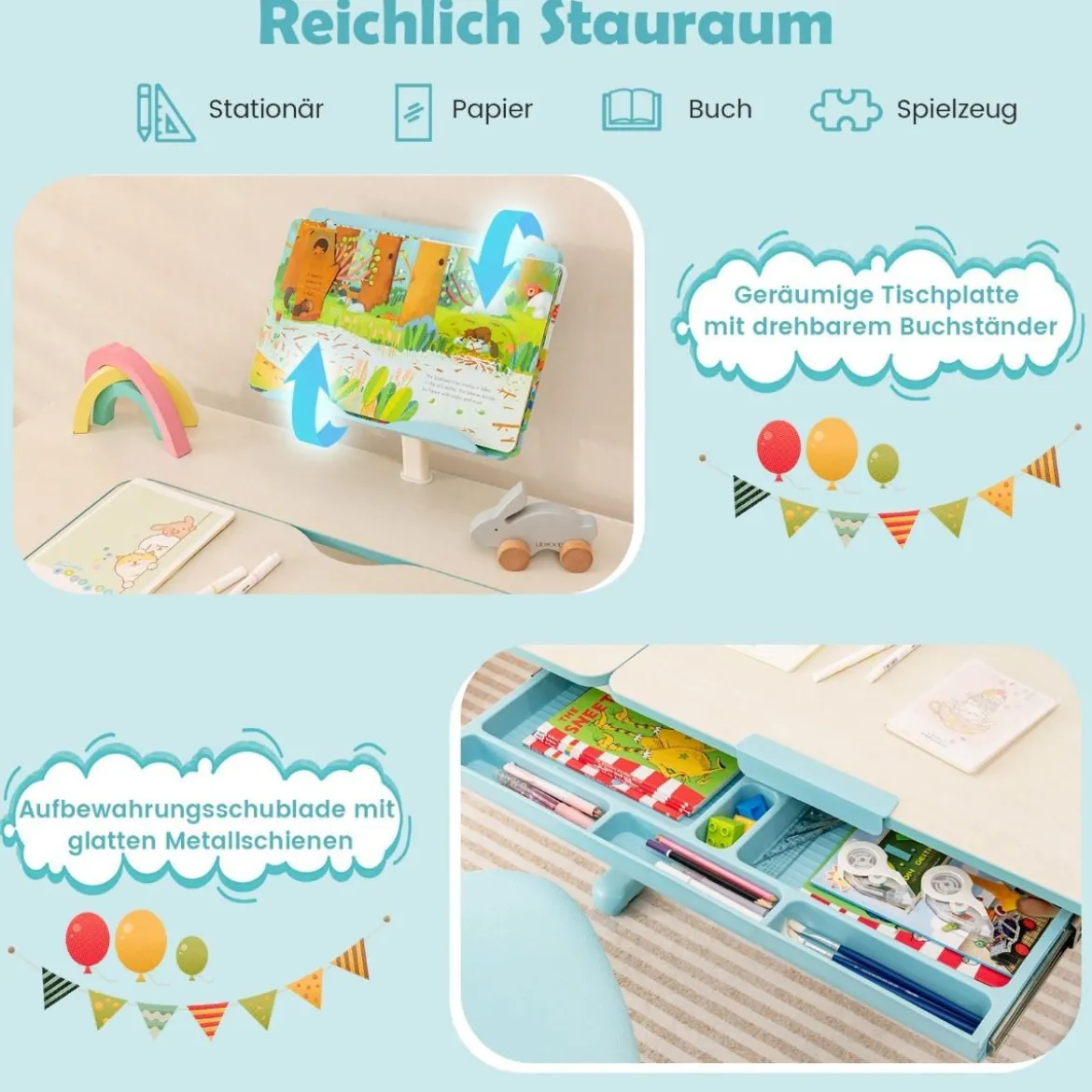 Kinderschreibtisch höhenverstellbar Schülerschreibtisch mit Kinder Schreibtischstuhl für 3-10 J. Kinder