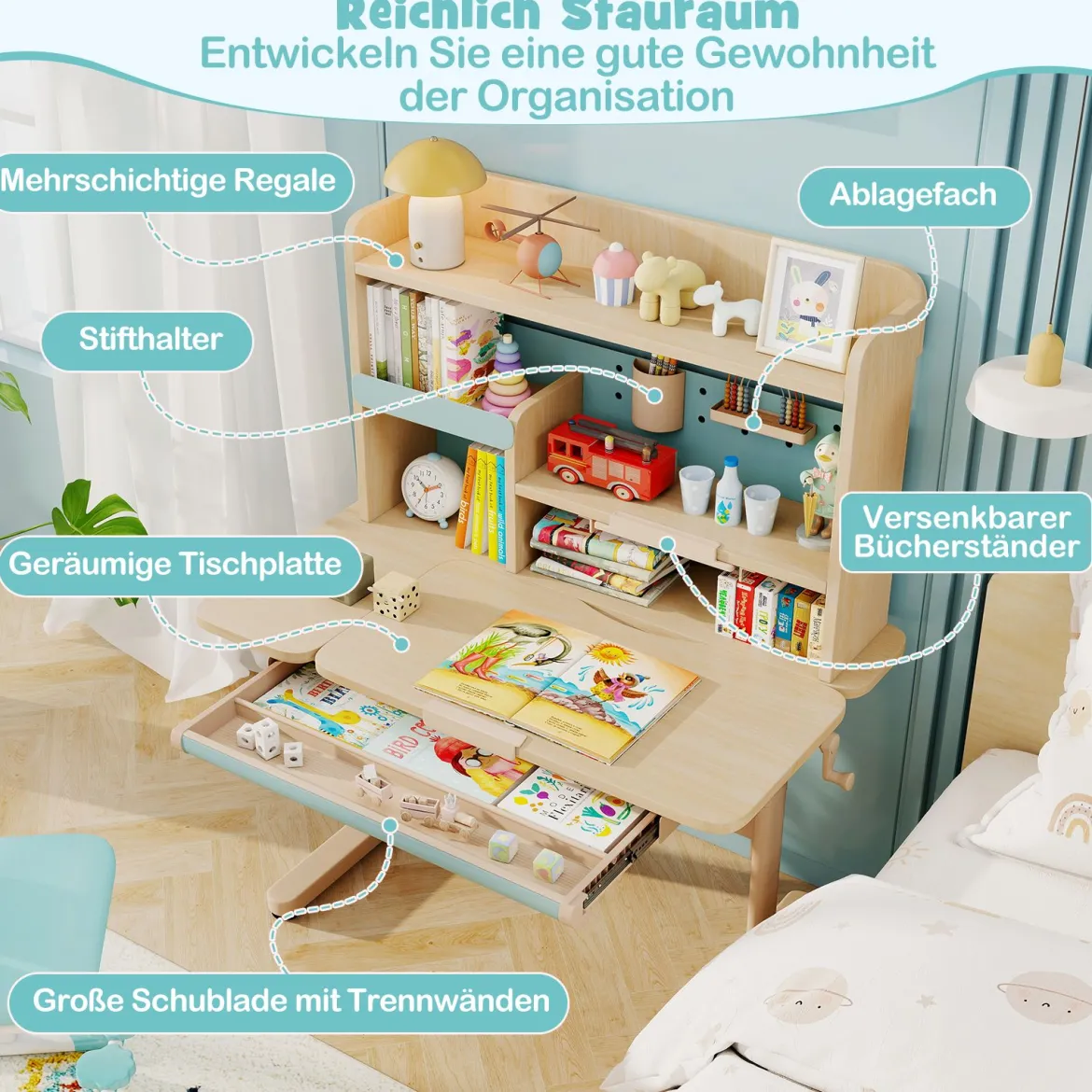 Kinderschreibtisch mit Regal & Schublade höhenverstellbarer Schülerschreibtisch mit neigbarer Tischplatte Blau/Rosa/Natur