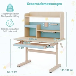 Kinderschreibtisch mit Regal & Schublade höhenverstellbarer Schülerschreibtisch mit neigbarer Tischplatte Blau/Rosa/Natur