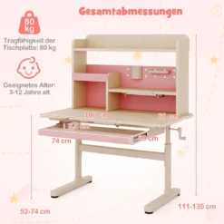 Kinderschreibtisch mit Regal & Schublade höhenverstellbarer Schülerschreibtisch mit neigbarer Tischplatte Blau/Rosa/Natur