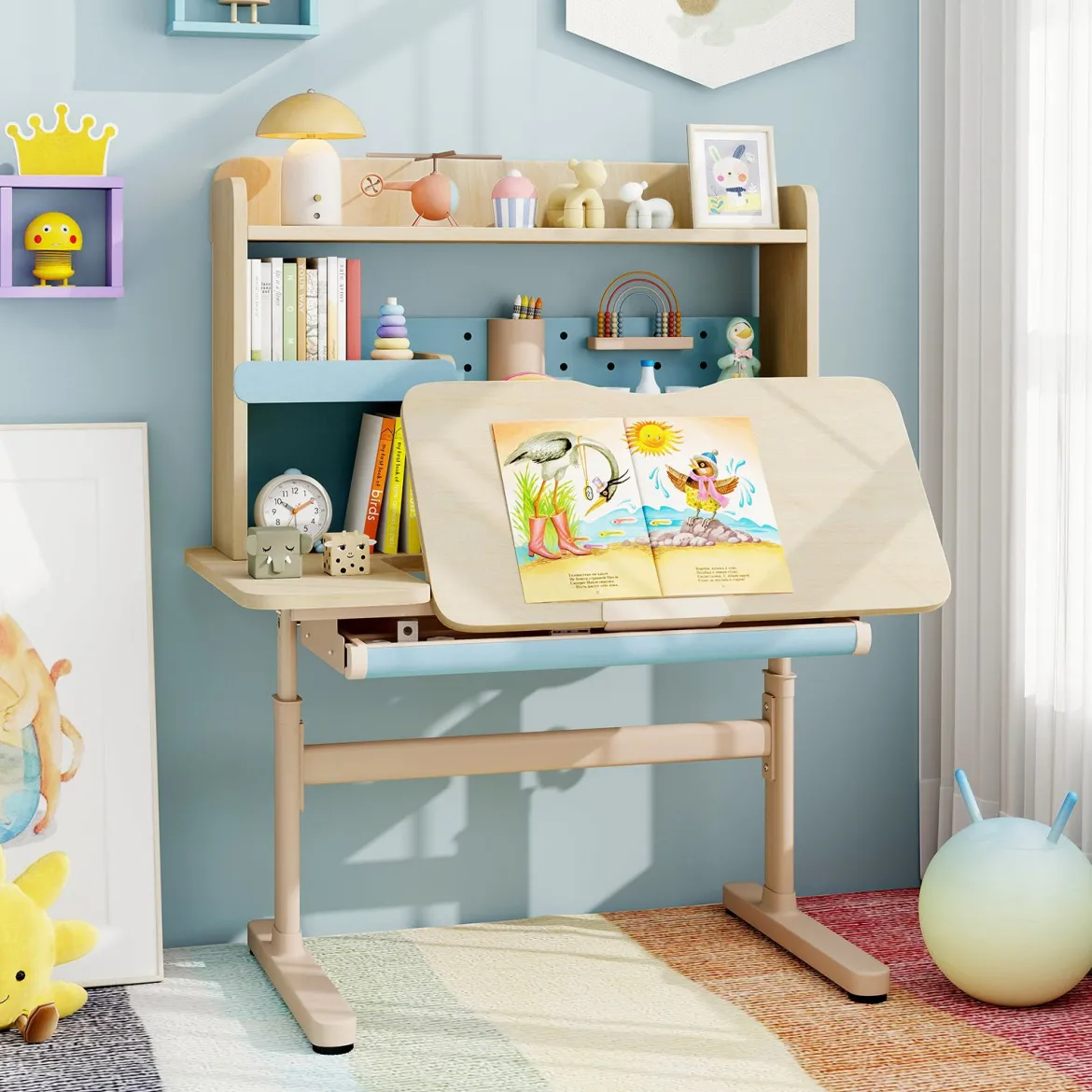 Kinderschreibtisch mit Regal & Schublade höhenverstellbarer Schülerschreibtisch mit neigbarer Tischplatte Blau/Rosa/Natur