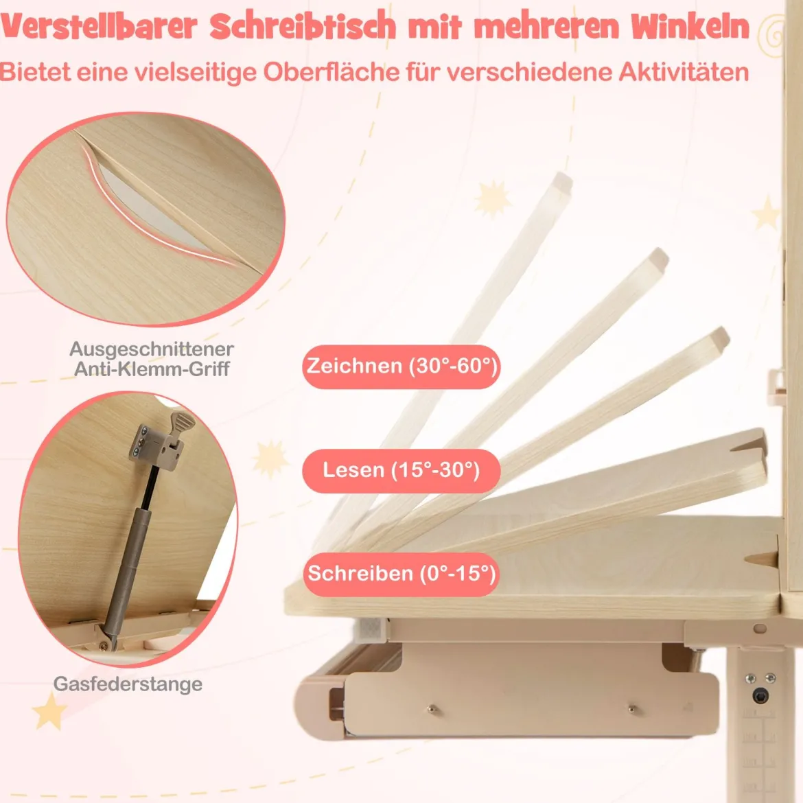 Kinderschreibtisch mit Regal & Schublade höhenverstellbarer Schülerschreibtisch mit neigbarer Tischplatte Blau/Rosa/Natur