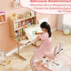 Kinderschreibtisch mit Regal & Schublade höhenverstellbarer Schülerschreibtisch mit neigbarer Tischplatte Blau/Rosa/Natur