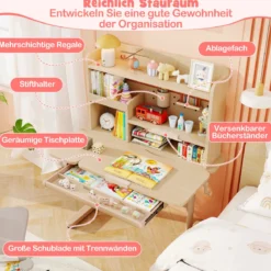 Kinderschreibtisch mit Regal & Schublade höhenverstellbarer Schülerschreibtisch mit neigbarer Tischplatte Blau/Rosa/Natur