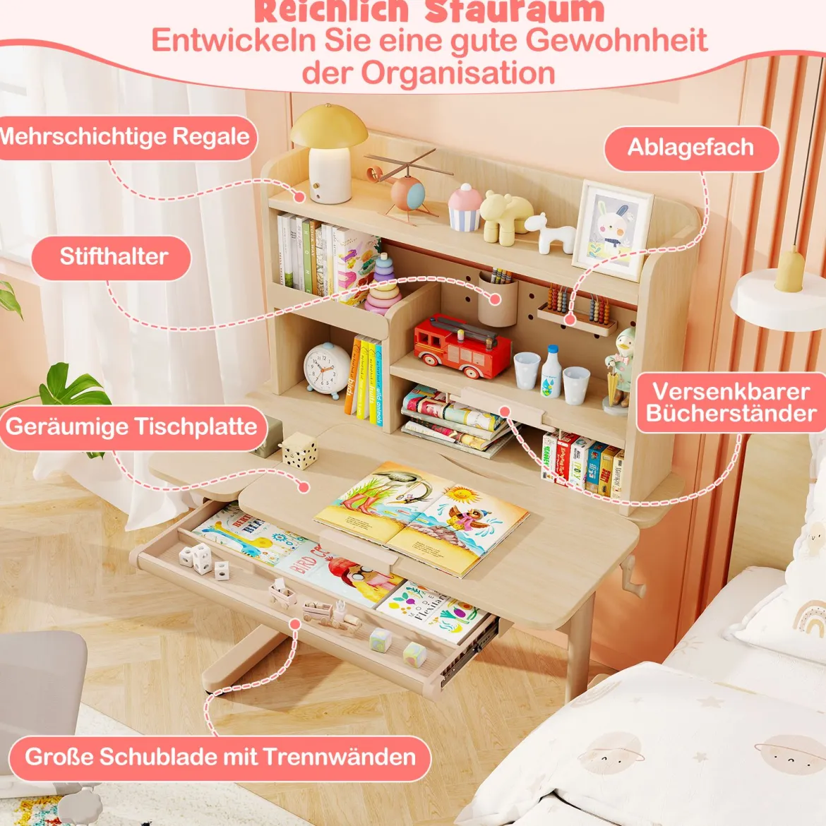 Kinderschreibtisch mit Regal & Schublade höhenverstellbarer Schülerschreibtisch mit neigbarer Tischplatte Blau/Rosa/Natur
