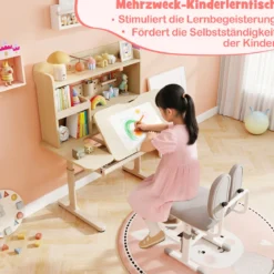 Kinderschreibtisch mit Regal & Schublade höhenverstellbarer Schülerschreibtisch mit neigbarer Tischplatte Blau/Rosa/Natur