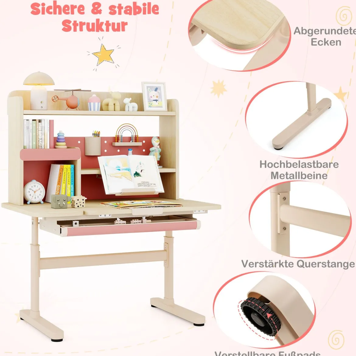 Kinderschreibtisch mit Regal & Schublade höhenverstellbarer Schülerschreibtisch mit neigbarer Tischplatte Blau/Rosa/Natur