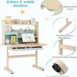 Kinderschreibtisch mit Regal & Schublade höhenverstellbarer Schülerschreibtisch mit neigbarer Tischplatte Blau/Rosa/Natur