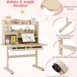 Kinderschreibtisch mit Regal & Schublade höhenverstellbarer Schülerschreibtisch mit neigbarer Tischplatte Blau/Rosa/Natur