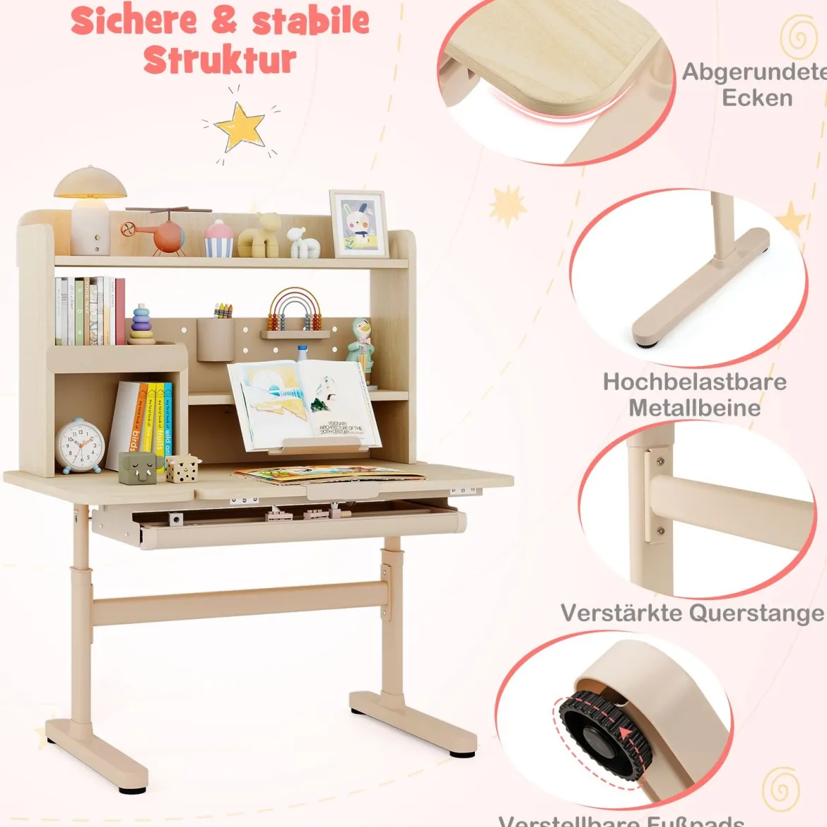Kinderschreibtisch mit Regal & Schublade höhenverstellbarer Schülerschreibtisch mit neigbarer Tischplatte Blau/Rosa/Natur