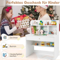 Kinder Schreibtisch mit Schublade & Ablagefach Holz Schülerschreibtisch Kindertisch Weiß