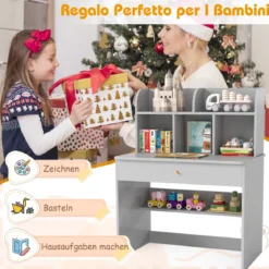 Kinder Schreibtisch mit Schublade & Ablagefach Holz Schülerschreibtisch Kindertisch Grau