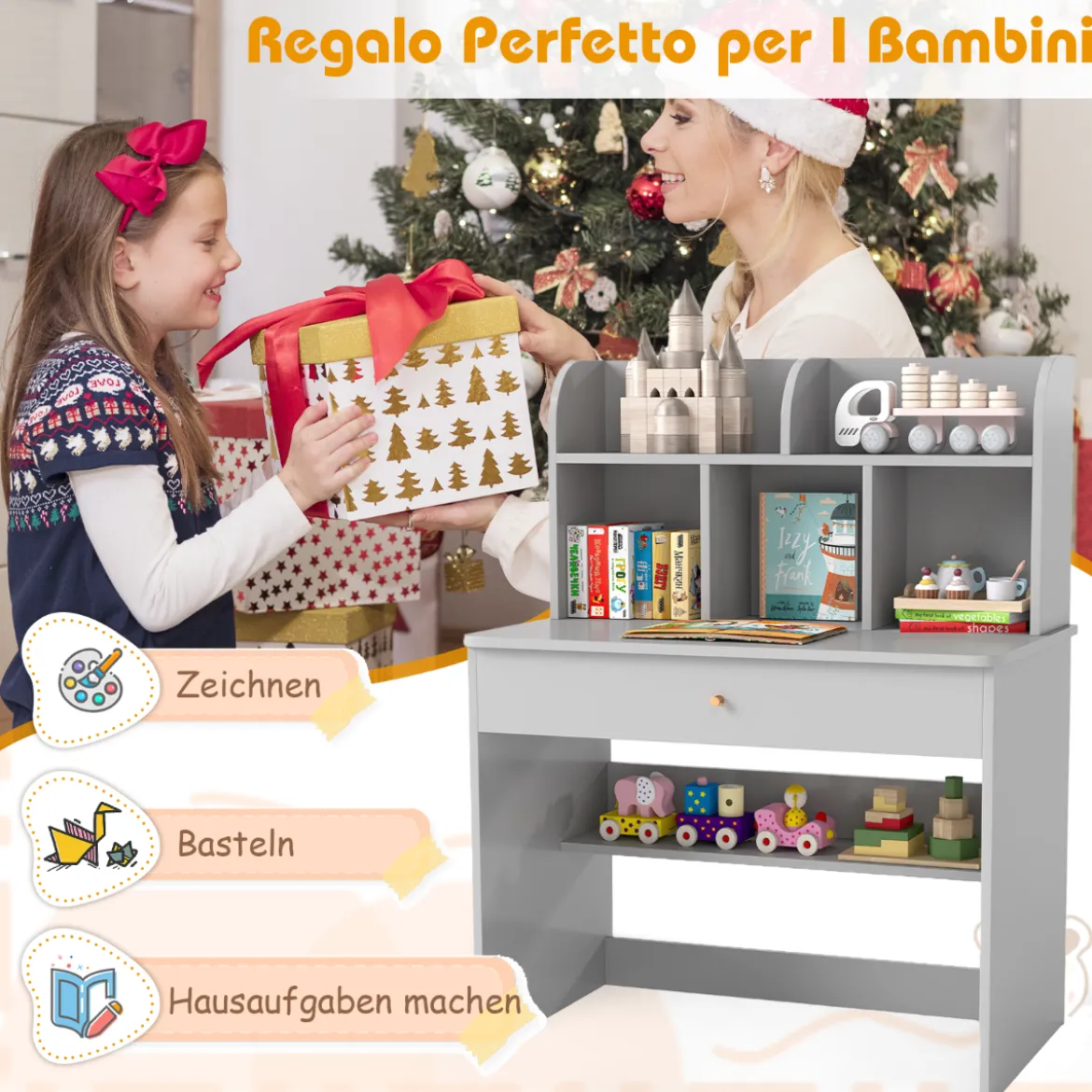 Kinder Schreibtisch mit Schublade & Ablagefach Holz Schülerschreibtisch Kindertisch Grau