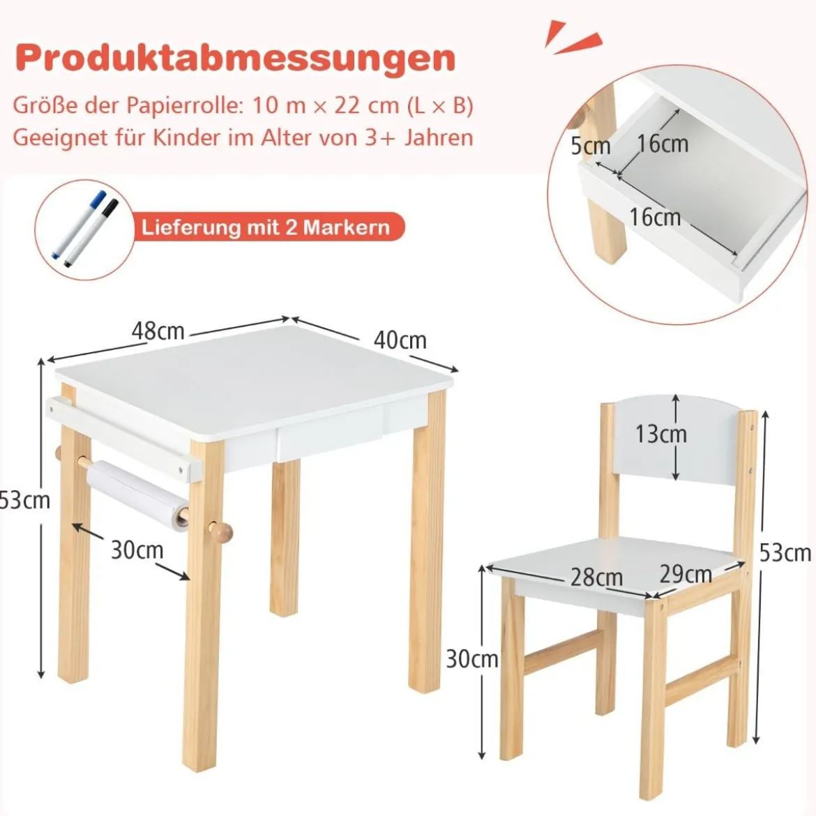 Kinderschreibtisch mit Stuhl Kindertisch-Set mit Schublade Weiß + Natur