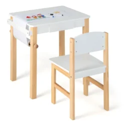 Kinderschreibtisch mit Stuhl Kindertisch-Set mit Schublade Weiß + Natur