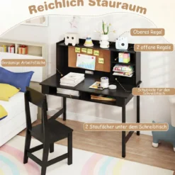 Kinderschreibtisch mit Stuhl Holz-Schülerschreibtisch mit Kork-Pinnwand Schublade Schwarz