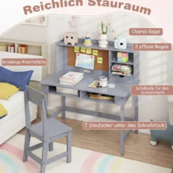 Kinderschreibtisch mit Stuhl Holz-Schülerschreibtisch mit Kork-Pinnwand Schublade Grau