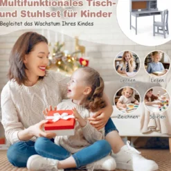 Kinderschreibtisch mit Stuhl Holz-Schülerschreibtisch mit Kork-Pinnwand Schublade Grau