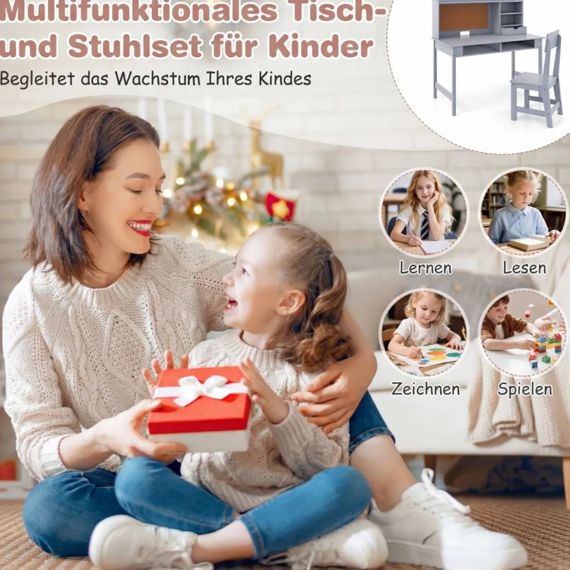 Kinderschreibtisch mit Stuhl Holz-Schülerschreibtisch mit Kork-Pinnwand Schublade Grau