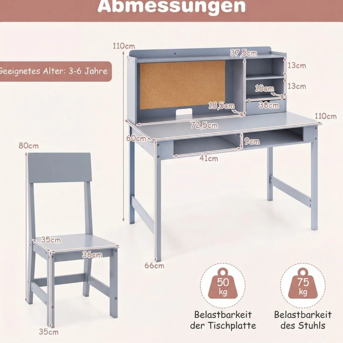 Kinderschreibtisch mit Stuhl Holz-Schülerschreibtisch mit Kork-Pinnwand Schublade Grau