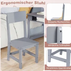 Kinderschreibtisch mit Stuhl Holz-Schülerschreibtisch mit Kork-Pinnwand Schublade Grau