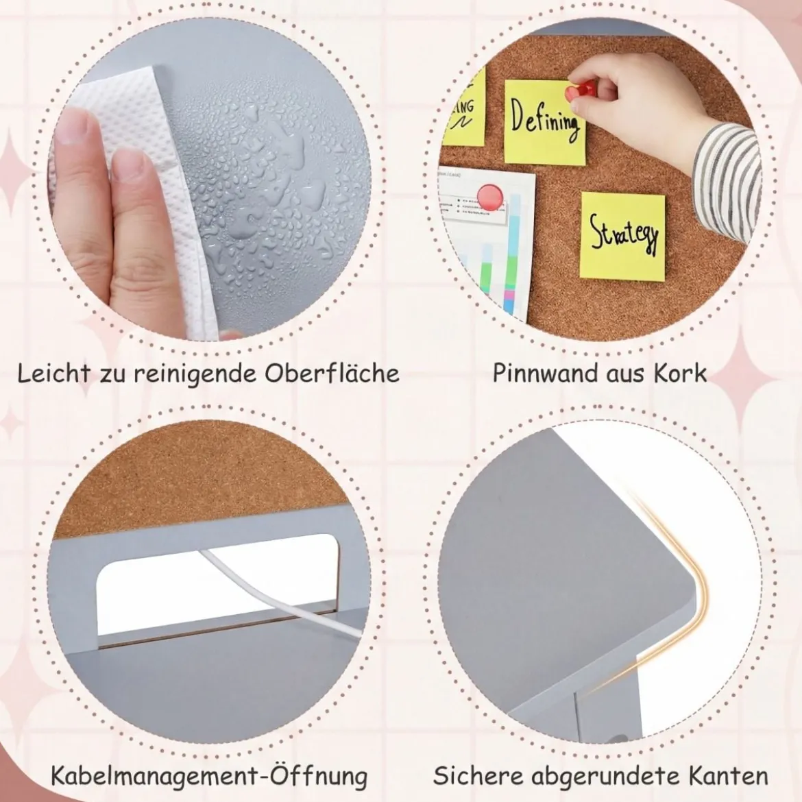 Kinderschreibtisch mit Stuhl Holz-Schülerschreibtisch mit Kork-Pinnwand Schublade Grau