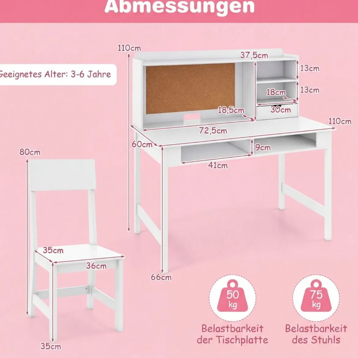 Kinderschreibtisch mit Stuhl Holz-Schülerschreibtisch mit Kork-Pinnwand Schublade Weiß