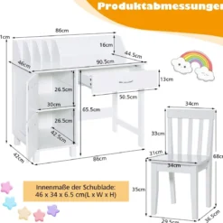 Kinderschreibtisch mit Stuhl Holz-Studenten Computerarbeitsplatz mit Buchteilern Weiß