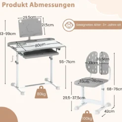 Kinder Schreibtisch mit Stuhl Höhenverstellbarer Kinderschreibtisch mit Neigbarer Tischplatte Grau