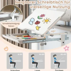 Kinder Schreibtisch mit Stuhl Höhenverstellbarer Kinderschreibtisch mit Neigbarer Tischplatte Grau