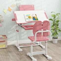 Kinder Schreibtisch mit Stuhl Höhenverstellbarer Kinderschreibtisch mit Neigbarer Tischplatte Rosa