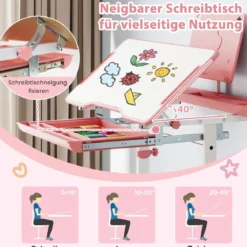 Kinder Schreibtisch mit Stuhl Höhenverstellbarer Kinderschreibtisch mit Neigbarer Tischplatte Rosa