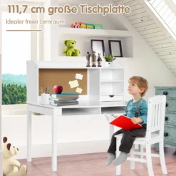 Kinderschreibtisch Set mit Pinnwand Schreibtisch Kinder mit Stuhl Jugendschreibtisch mit Aufsatz Schubladen & verstellbarem Regal Weiß