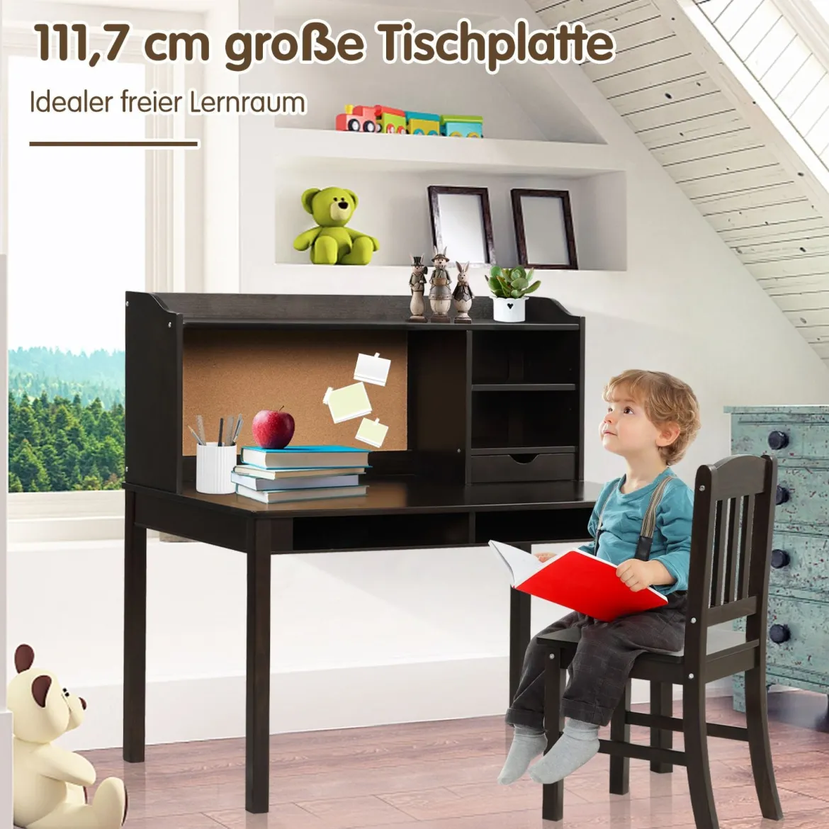 Kinderschreibtisch Set mit Pinnwand Schreibtisch Kinder mit Stuhl Jugendschreibtisch mit Aufsatz Braun