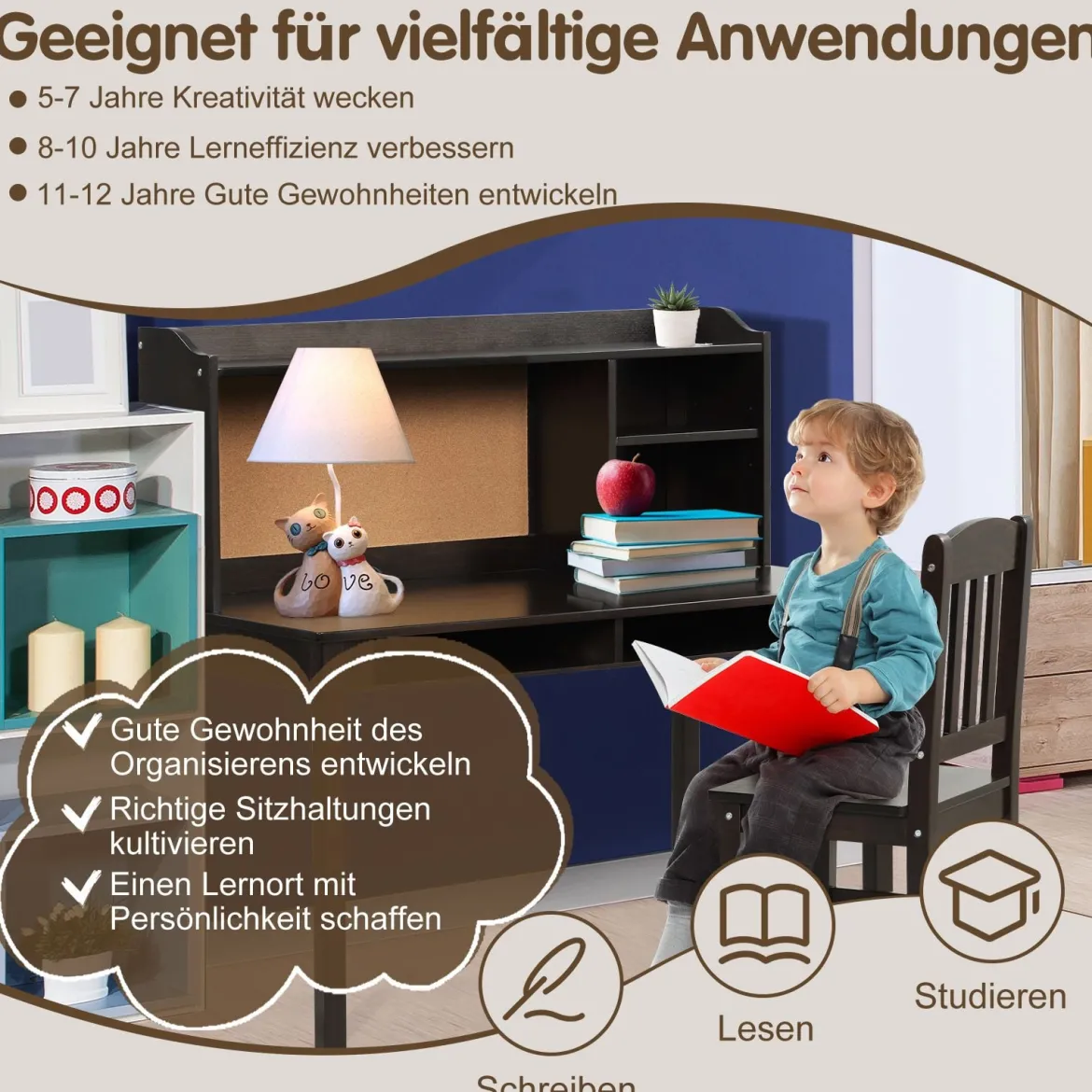 Kinderschreibtisch Set mit Pinnwand Schreibtisch Kinder mit Stuhl Jugendschreibtisch mit Aufsatz Braun