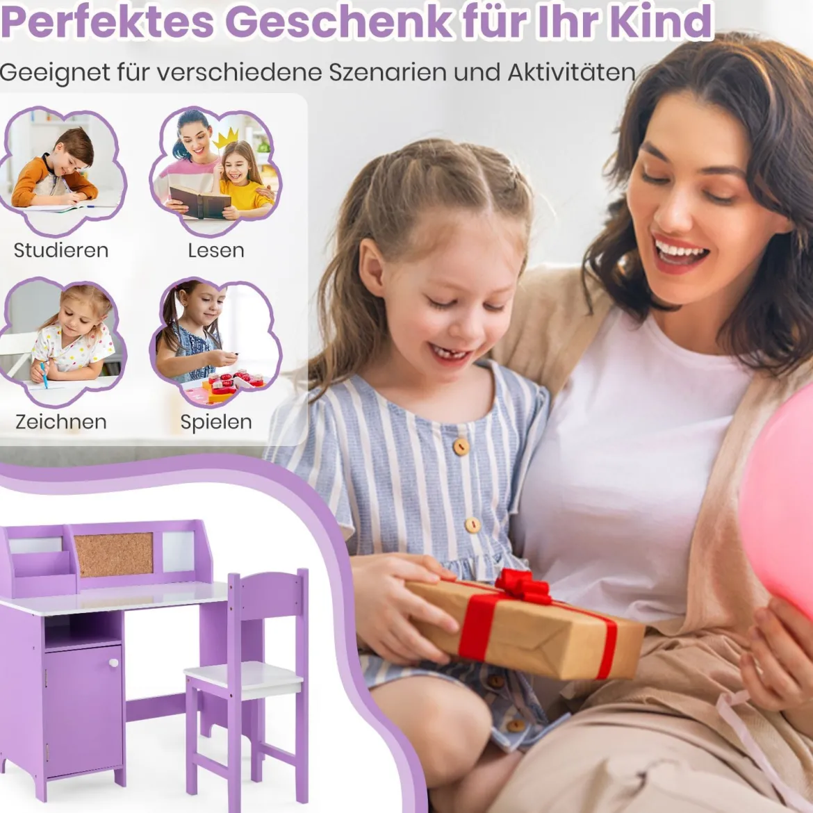 Kinderschreibtisch Set Schreibtisch Kinder mit Stuhl aus Holz Schülerschreibtisch mit Bücherregal Lila
