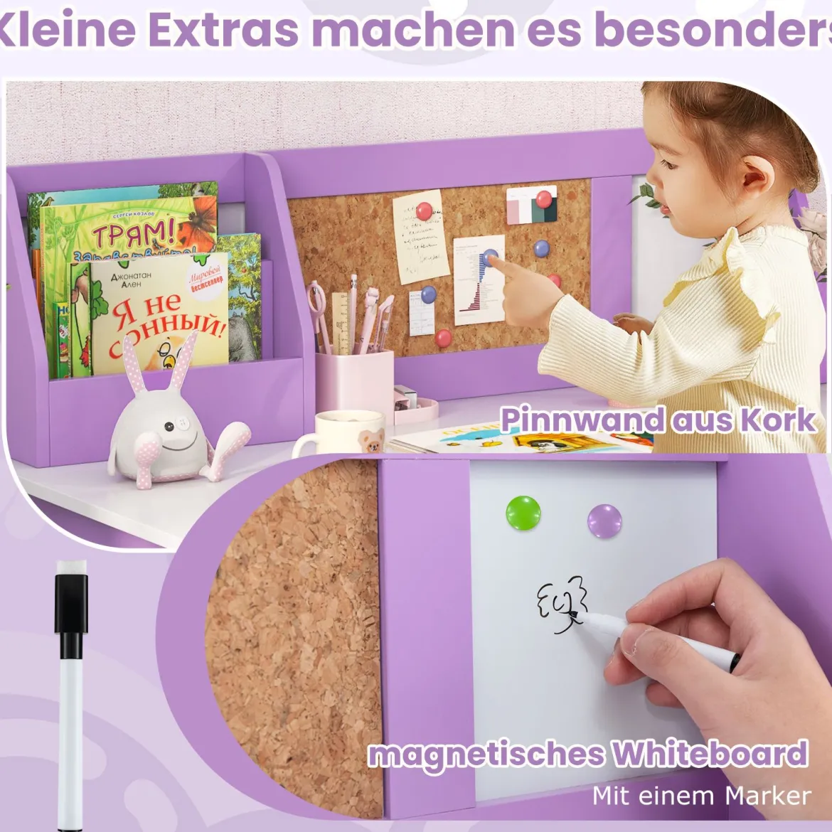 Kinderschreibtisch Set Schreibtisch Kinder mit Stuhl aus Holz Schülerschreibtisch mit Bücherregal Lila
